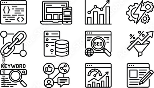 Cuadro en lienzo Search engine optimization line icon set featuring coding web analytics links ke