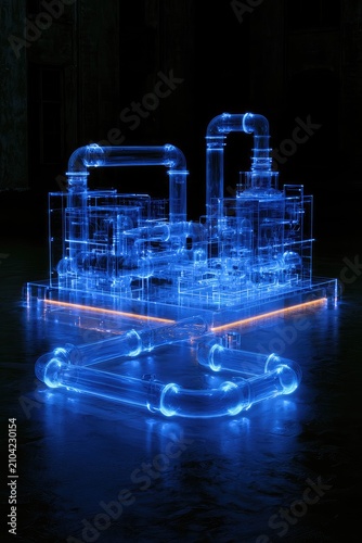 Ethereal Engineering: A Translucent Pipeline System Illuminated in Blue Light