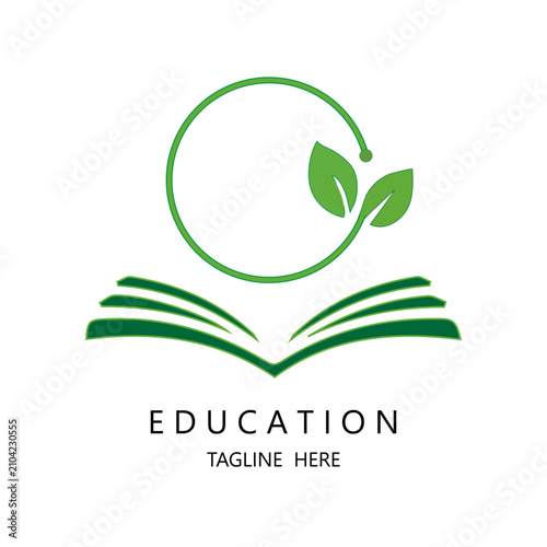 Green Education Logo template featuring an open book and  sprouting leaves inside a circular vine, representing eco-friendly learning, sustainability and growth .