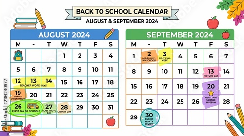 A vibrant and detailed back to school calendar for August and September 2024, featuring school supplies, apples, and highlighted dates for academic planning.