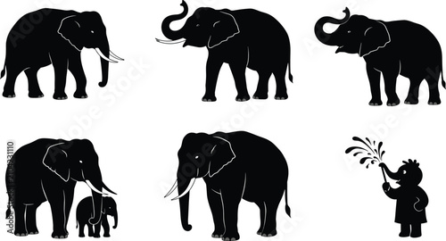 Tableau sur toile Silhouette set of elephants standing, walking, trumpeting, baby elephant with mo