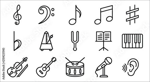 Foto Musical Symbols And Instruments Line Icons Set On White Background acoustic alle