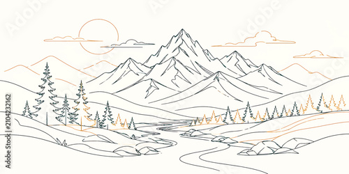 Fotografie Scenic Winter Mountain Landscape Vector Illustration with Snow Covered Alps Pine