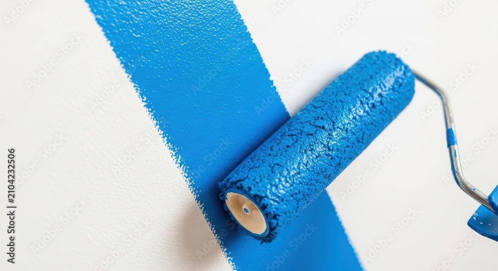 Obraz premium Applying fresh blue paint to an interior wall surface using a paint roller, suggesting home renovation and decor improvement, maintenance, renovation, brush