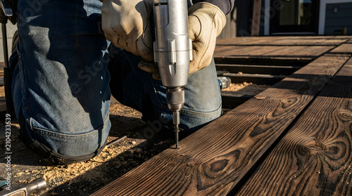 Professional carpenter installing wooden deck boards | Using impact driver for outdoor decking project | Close-up of wood deck construction with power tools | Pine decking installation by contractor