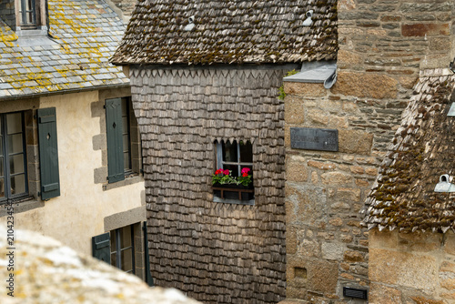 Картината върху платно Architecture and buildings of Mont-Saint-Michel interior, medieval Gothic and Romanesque architecture, historic stone walls, columns, details
