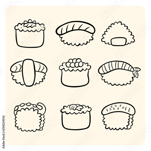 Japanese food sushi and onigiri doodle collection hand drawn traditional nigiri maki rolls gunkan and rice ball set line art illustration