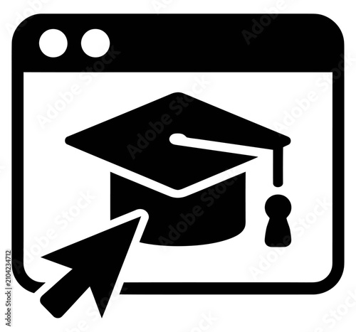 Online education graduation cap icon vector with cursor for digital learning and e-school