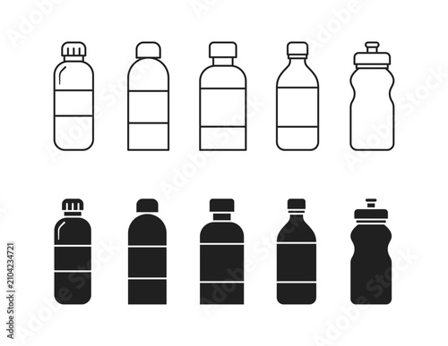 plastic water bottle icons. outline and glyph plastic water bottles icon set for fitness sports hydration and beverage packaging design