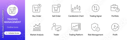 Trading management outline icons set including buy sell order market analysis profit and candlestick chart vector illustration