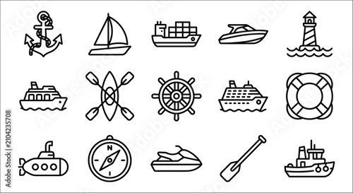 Canvas Print Nautical icons set black line drawings on a white background depicting various s