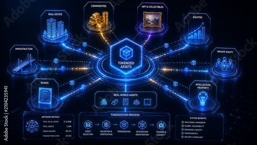 Tokenized assets ecosystem and blockchain technology infographic