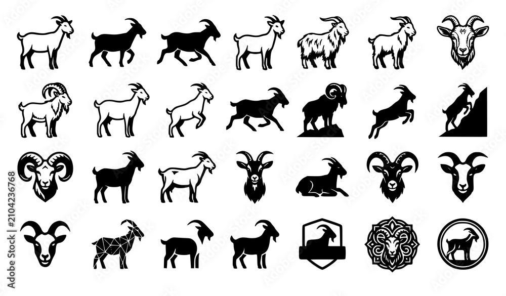 Fototapeta premium Set of Twenty One Goat Icons Farm Animal Vector Collection