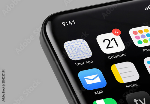 Smartphone app icon mockup on a home screen in perspective close-up view