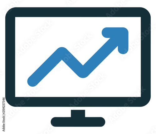 Business growth chart on computer screen, a professional blue vector icon for finance