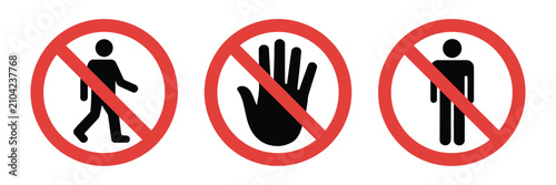 Forbidden action warning icon, no entry signs, prohibition symbols and restricted access for safety communication design.