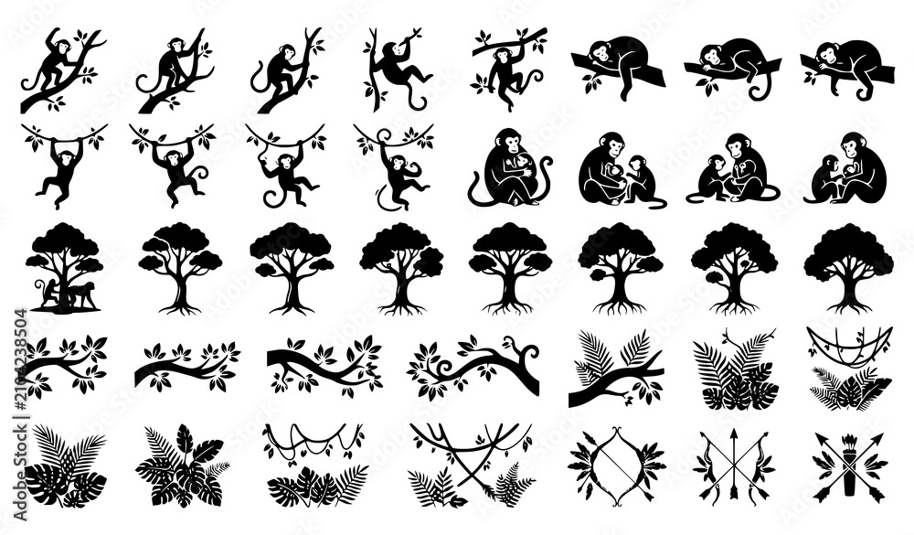 Fototapeta premium Jungle Monkey Silhouette Collection with Tree Branches and Bow Arrow Black Vector Illustration