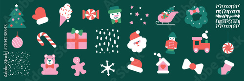 Christmas Flat Style Illustration Set with Festive Holiday Icons and Decorative Elements