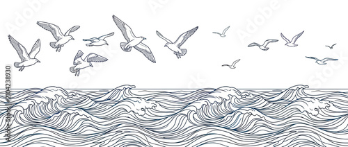 Seagulls flying over wavy ocean waves illustration