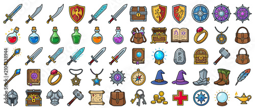 Bild auf Leinwand Pixel Art Fantasy Adventure Game Icons Collection