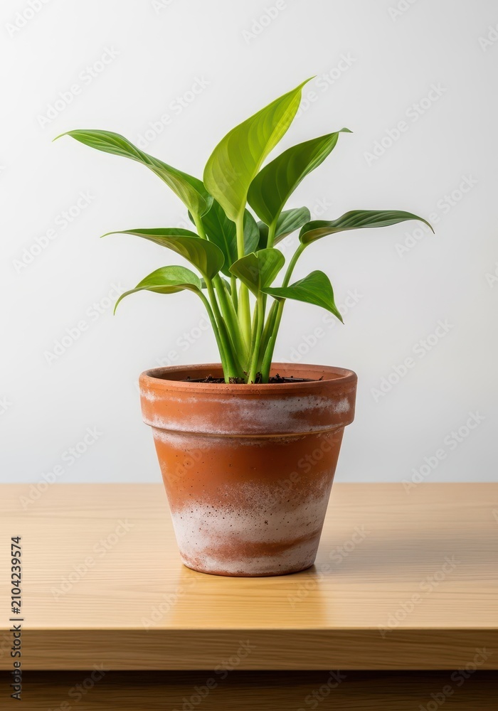 Fototapeta premium A simple terracotta flowerpot holding a vibrant green houseplant sits on a wooden surface, ready for home gardening and decoration, nurture, surface, growth