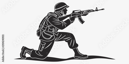 Bilde på lerret Black silhouette of a kneeling soldier aiming a rifle in combat stance military