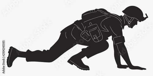Bild auf Leinwand Black silhouette of soldier crawling in combat position army
