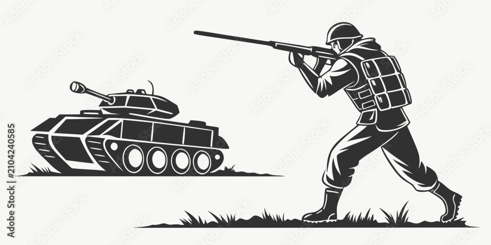 Obraz premium Black silhouette of soldier in combat gear with rifle and grenade