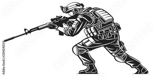 Bilde på lerret Soldier in black combat gear silhouette with rifle