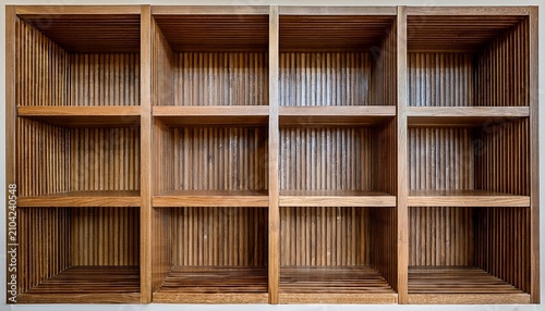an empty wooden bookshelf furniture design with multiple shelves provides a blank storage rack and open wall interior for a home or office room display
