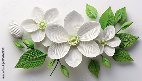 stylized white 3d flowers with green stems and leaves isolated on white background depicting growth and spring nature concepts