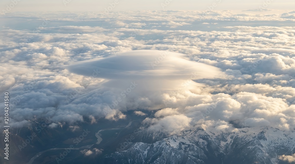 Fototapeta premium Elevated atmospheric perspective from above showcasing a distinctive lens-shaped cloud formation nestled amongst brilliant white cloud layers Elevated Atmospheric Perspective Above Showcasing