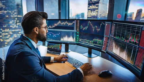 dedicated wall street trader intently watches market screens analyzing data in his office