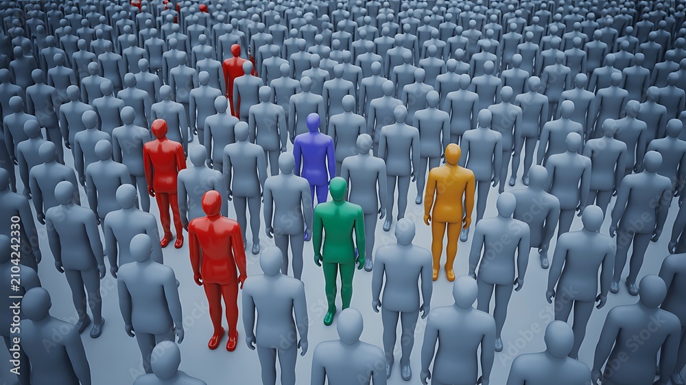 Fototapeta premium Colorful Individual Figures Scattered in Crowd — Diversity Identity and Social Isolation 3D Concept Photo