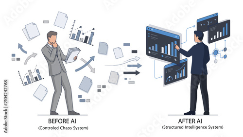 Comparative Illustration of Traditional Business Management and AI Driven Structured Analytics System