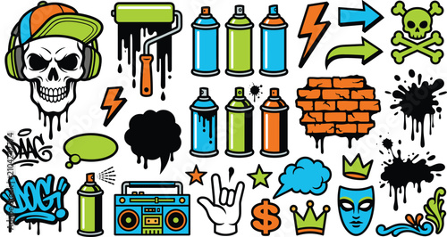 Bild auf Leinwand Urban Graffiti Sticker Set with Skull Headphones Spray Paint Can Brick Wall Boom