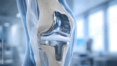 Total knee replacement radiology image showing aligned prosthetic knee joint in a clean hospital imaging room for orthopedic education, healthcare marketing, radiology, and patient guidance