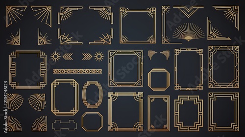 Vintage Geometric Ornament Collection A comprehensive set of golden art deco inspired geometric ornament elements, including corner designs, dividers, and decorative frames. 