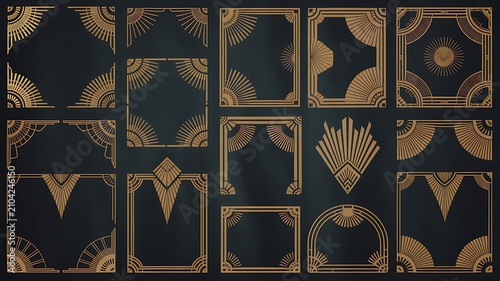 Vintage Geometric Ornament Collection A comprehensive set of golden art deco inspired geometric ornament elements, including corner designs, dividers, and decorative frames. 