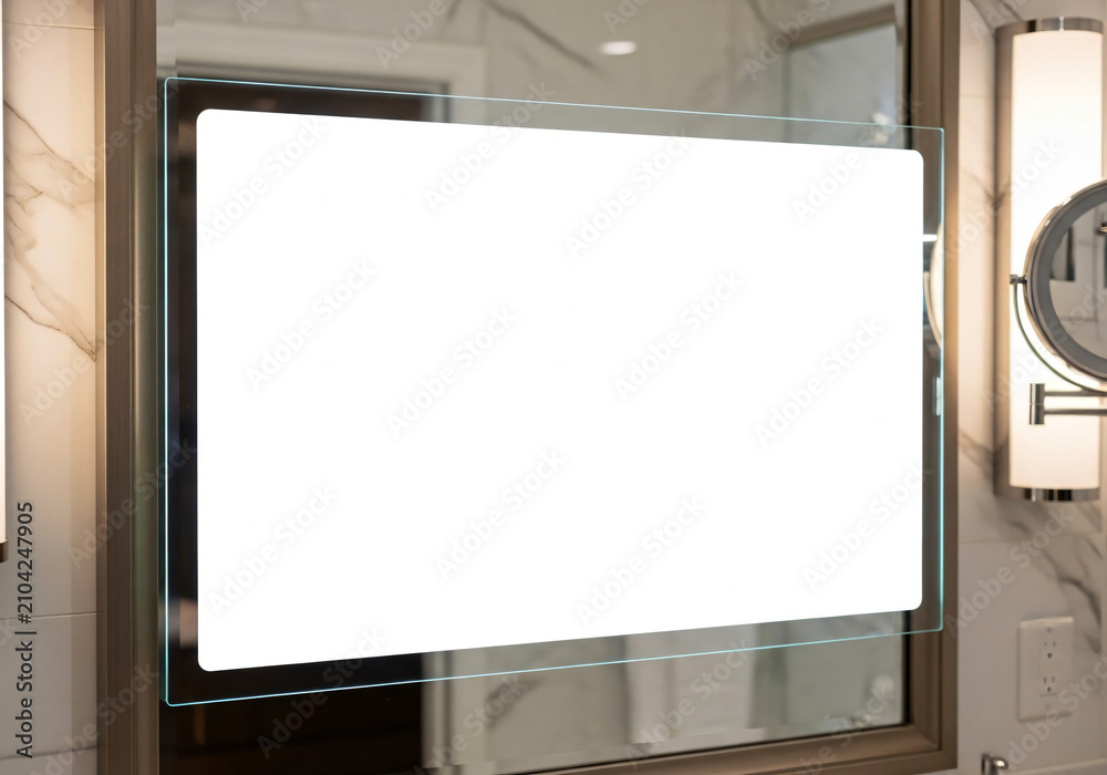 Fototapeta premium Smart bathroom mirror with glowing white digital screen mockup