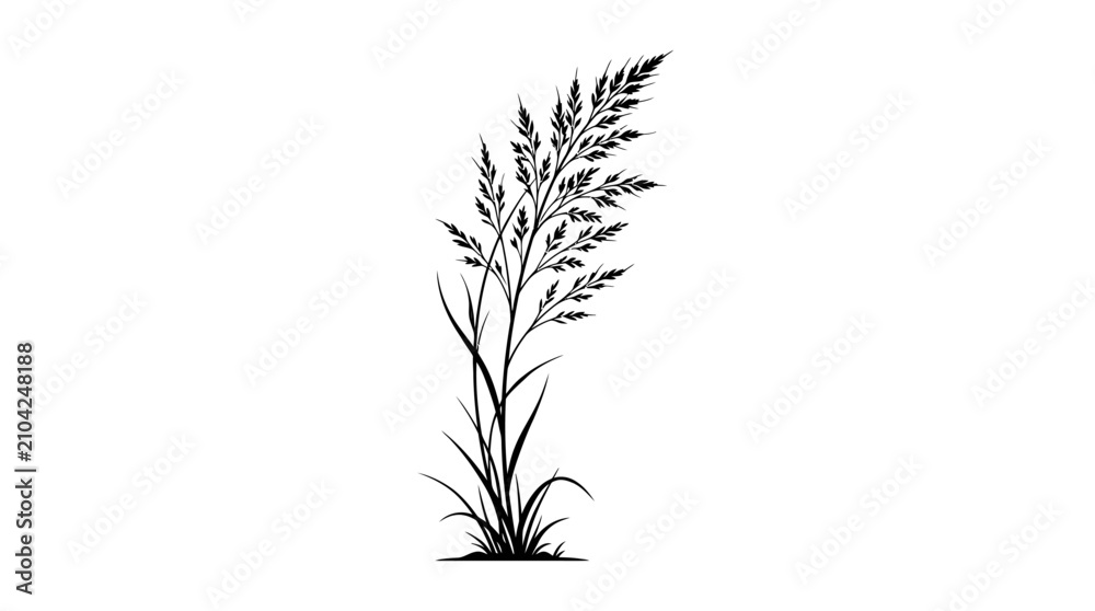 Obraz premium CAD tree lines Tree Black tree silhouette Black grass Minimalist wild grass silhouette vector, black botanical meadow plant illustration, elegant pampas grass stalk isolated on white background