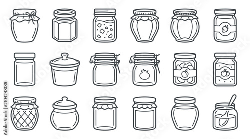 Glass jar and honey container line icon set.
