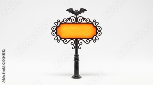Decorative halloween sign post with an orange blank board and a black bat topper for holiday party message