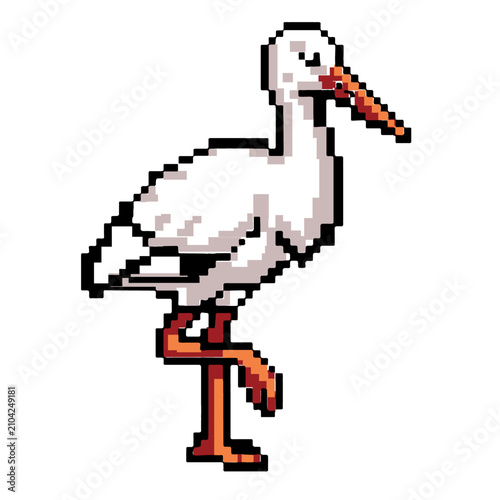 Retro Pixel White Stork Icon – 8-Bit Pixel Art Vector Graphic Design