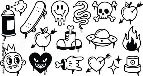 Graffiti Doodle Line Art Set with Skull Snake Skateboard Melting Smiley UFO Heart Apple and Flame Black and White Vector