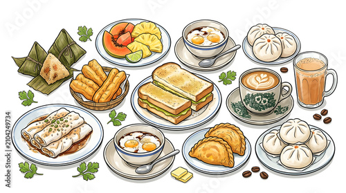 Southeast Asian Breakfast and Dim Sum Illustration Set on White Background