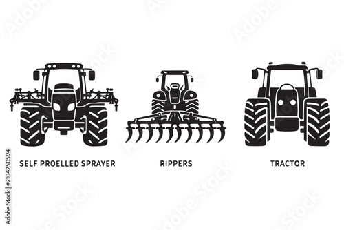 Foto Agricultural machinery vector set, self propelled sprayer and rippers with tract