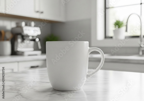 White mug mockup on marble kitchen counter