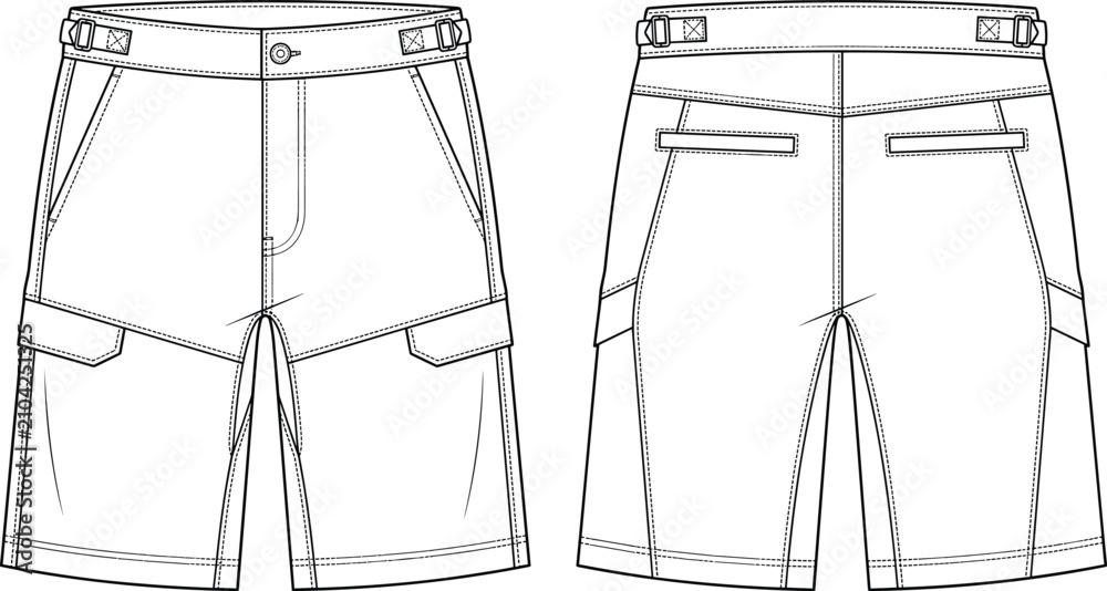 Fototapeta premium Men's Cargo Shorts Technical Fashion Flat Sketch Front and Back Apparel Vector Template