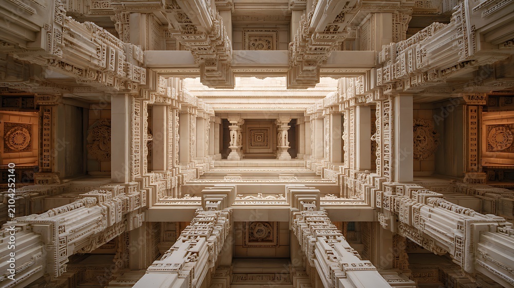 Fototapeta premium Intricate stone carved architecture of an ancient Hindu temple interior.